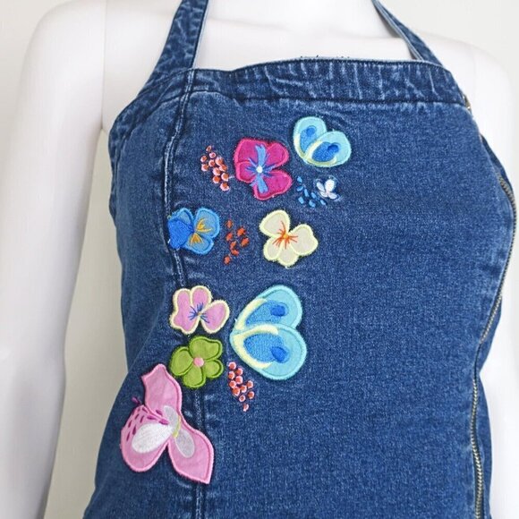 Thalia Sodi Y2K Vintage Halter Sleeveless Denim Jean Mini Dress Floral Womens 16 - Picture 3 of 8